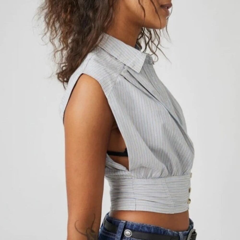 We The Free Cassie striped sleeveless crop shirt M 100% cotton festival academia - Picture 2 of 8